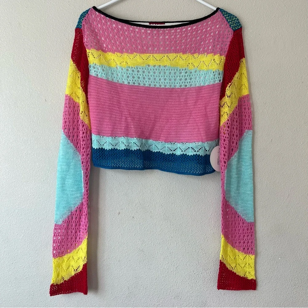 STAUD Women’s Large Limousin Stripe Crochet Crop Top Multicolor - Picture 4 of 10